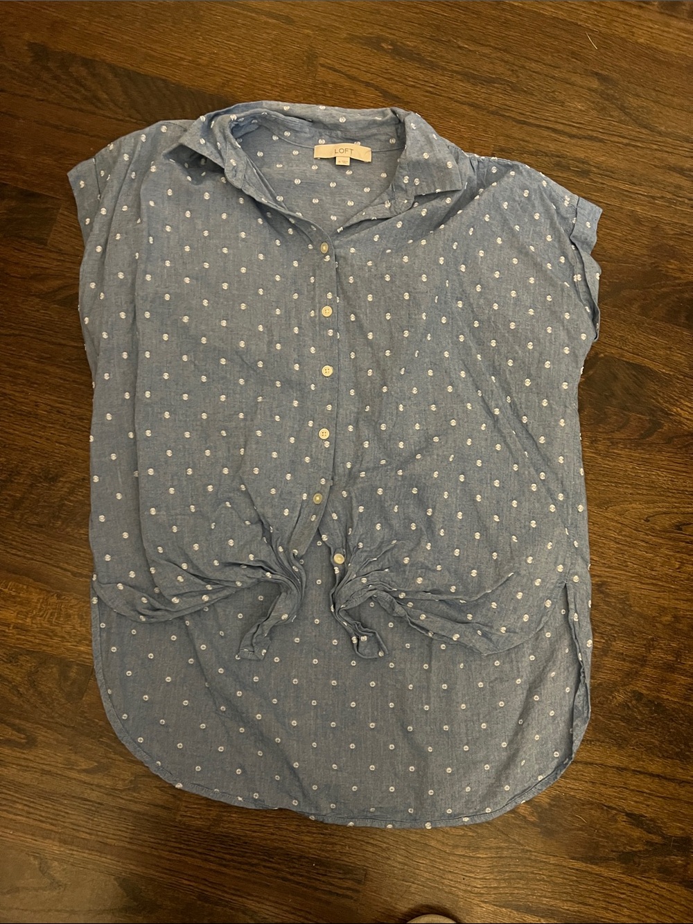 LOFT Blue Polka Dot Tie-Front Button-Down Shirt
